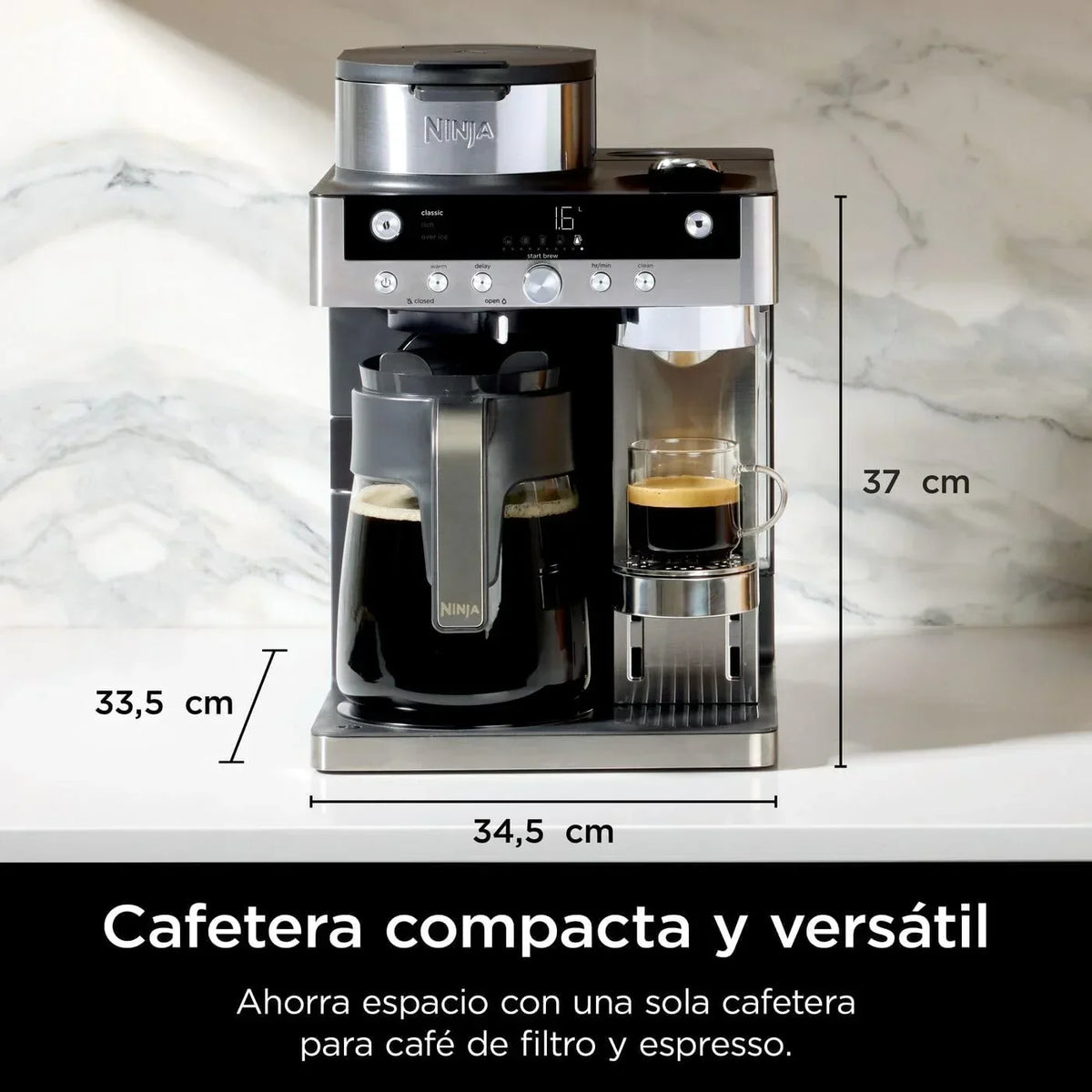 Ekspres do kawy Ninja Prestige CFN802EU 2 w 1 na kawę mieloną i w kapsułkach, ze zintegrowanym spieniaczem, do przygotowywania kaw latte, kaw mrożonych i flat white, kolor czarny
