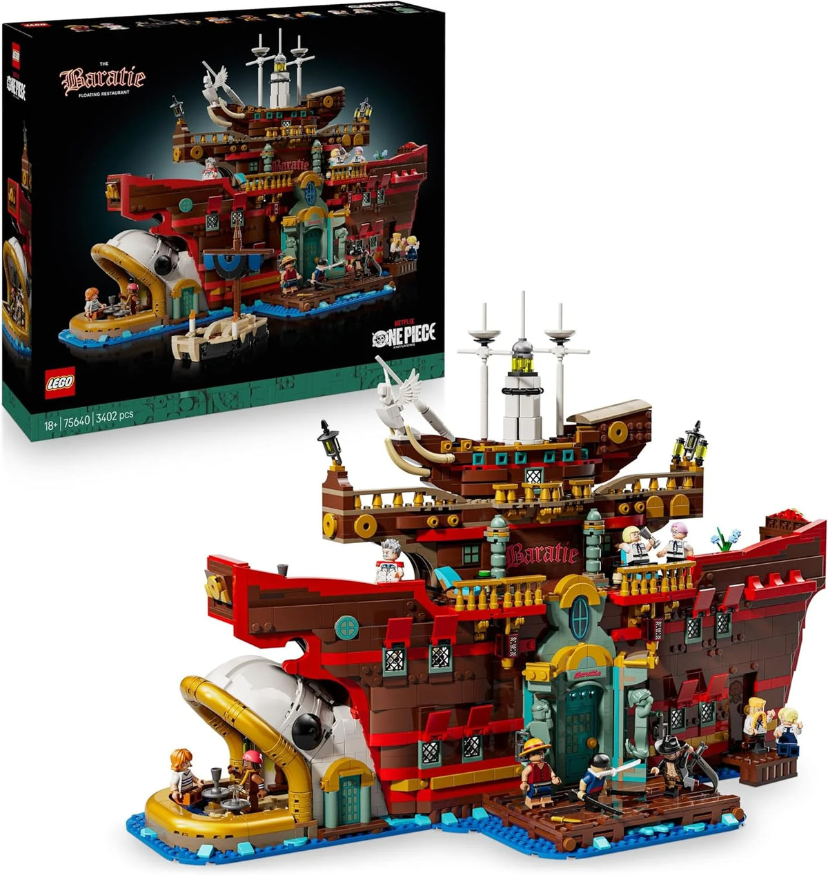 One Piece Restaurante Flotante Baratie - Model Statku dla Dorosłych - Dekoracja Anime ze Szczegółowym Wnętrzem i 10 Minifigurkami W Tym Luffy, Nami i Sanji - Prezent dla Fanów 75640