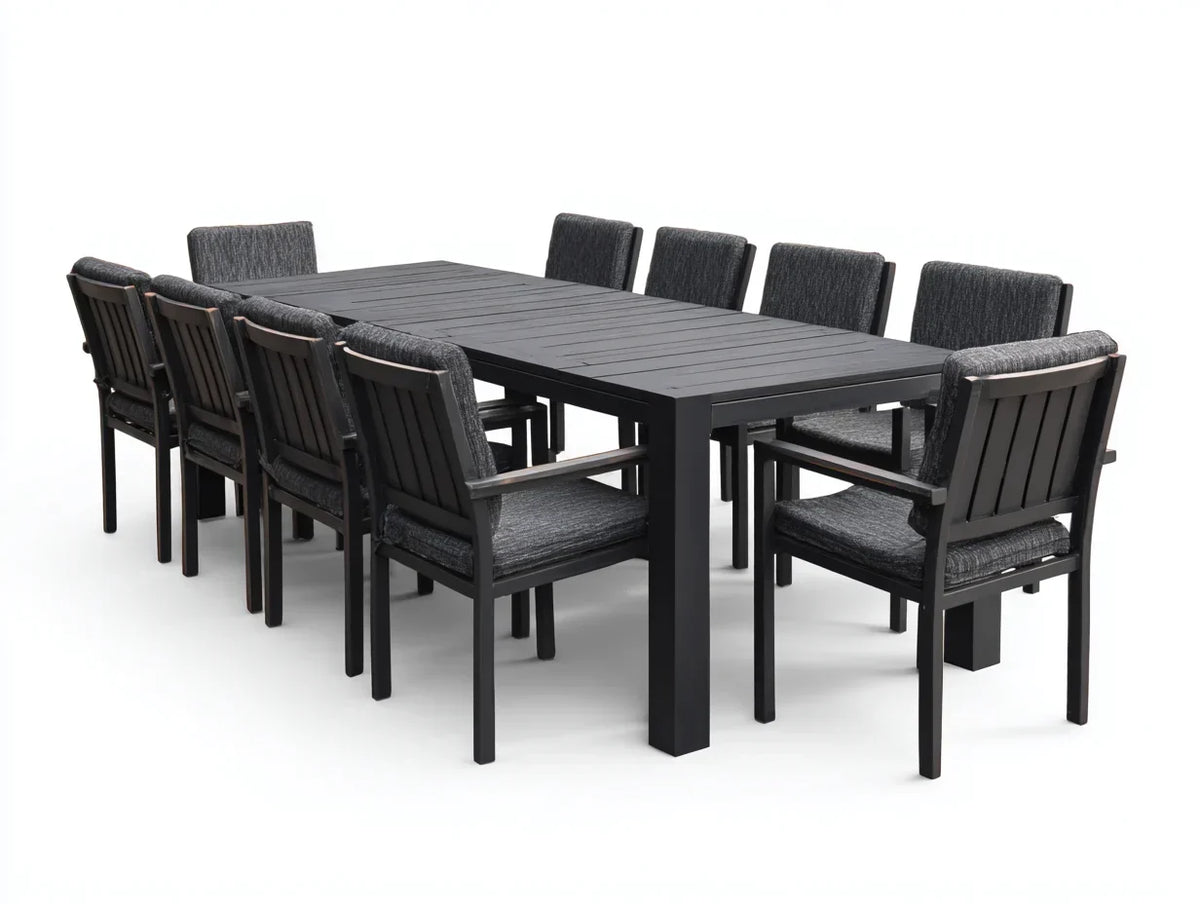 Zestaw mebli ogrodowych 200x100x75 cm - stół aluminiowy z 10 tapicerowanymi krzesłami - czarno-szary - nowoczesny design na zewnątrz