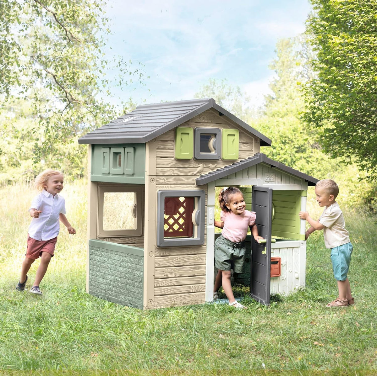 Smoby Life - Domek Ogrodowy Friends House EVO z 2 Drzwiami, 6 Oknami i Wyjmowanym Stołem Piknikowym – Wykonany z Materiałów Recyklingowych, Ochrona UV, dla Dzieci od 3 Lat (7600810208)