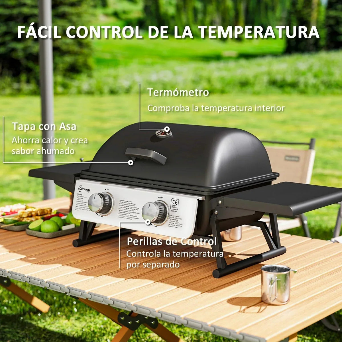 Grill gazowy ze stali nierdzewnej Abs Outsunny-101x48x41 cm. Czarny