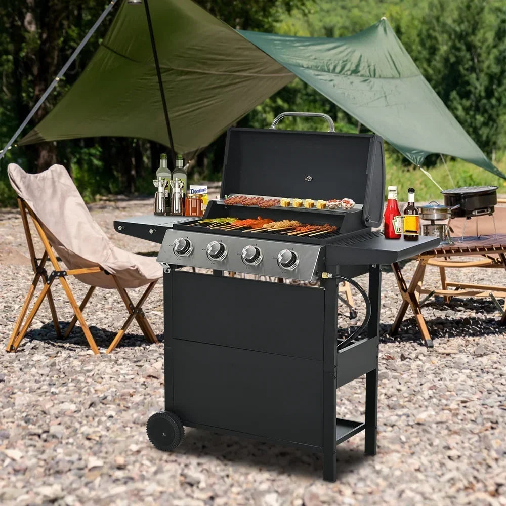 Grill gazowy SEGMART 4-palnikowy ze stali nierdzewnej 2026 – 34 200 BTU, grill ogrodowy/patio z dwoma składanymi półkami i termometrem, idealny na kemping i do gotowania na świeżym powietrzu