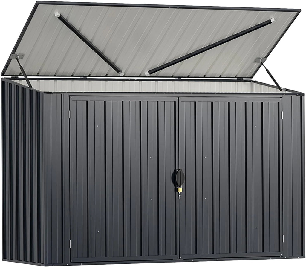 GOPLUS 1,9 m³ Metalowy Domek Ogrodowy z Blachy Ocynkowanej, 193 x 86 x 127 cm, Zewnętrzna Szopa z Podwójnymi Drzwiami z Zamkami, Podnośnik Hydrauliczny, Schowek na Narzędzia, Rowery, Kosze na Śmieci