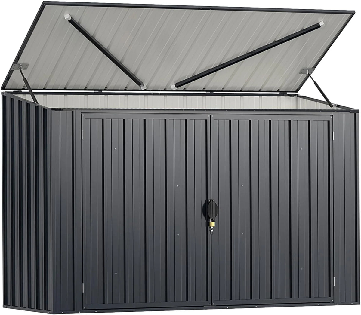 GOPLUS 1,9 m³ Metalowy Domek Ogrodowy z Blachy Ocynkowanej, 193 x 86 x 127 cm, Zewnętrzna Szopa z Podwójnymi Drzwiami z Zamkami, Podnośnik Hydrauliczny, Schowek na Narzędzia, Rowery, Kosze na Śmieci
