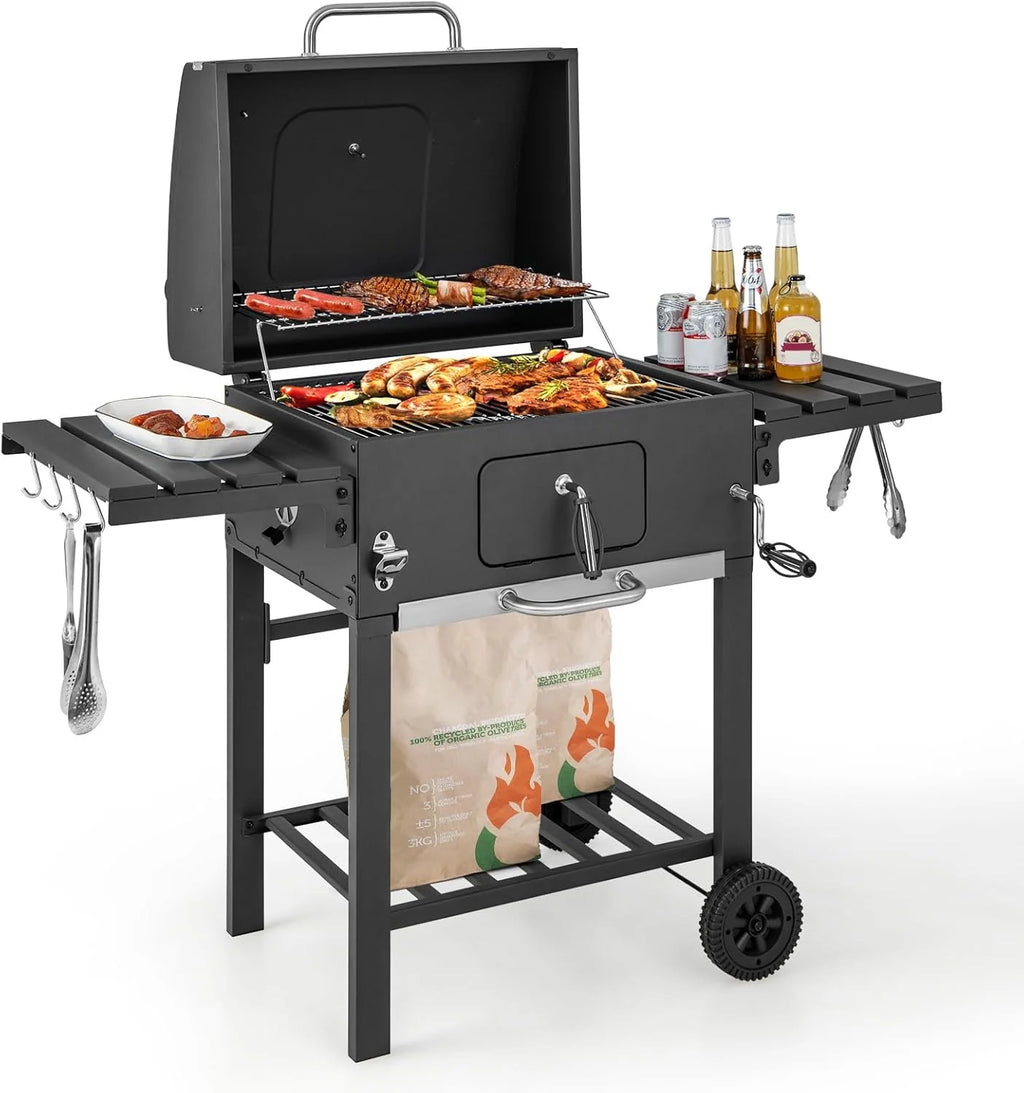 COSTWAY Grill Węglowy XXL, Przenośny Grill Ogrodowy 128 x 54 x 117 cm, z Pokrywą, Termometrem, 2 Składanymi Stolikami Bocznymi, 8 Haczykami, 2 Kółkami i Otwieraczem do Butelek
