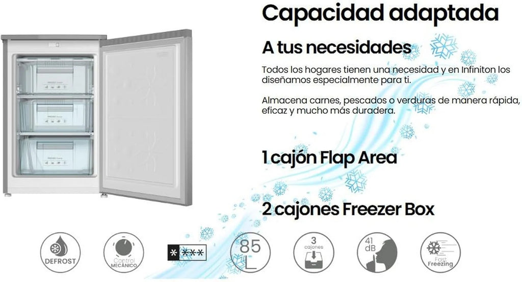 INFINITON CV-A85I - Zamrażarka pionowa, 80 litrów, 85 cm, 3 szuflady, kontrola temperatury, odwracalne drzwi, regulacja wysokości, E, Inox
