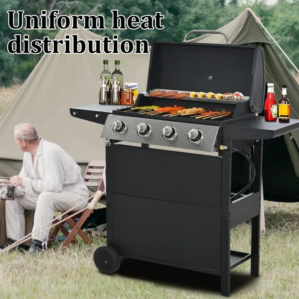 2026 Grill gazowy SEGMART 4-palnikowy ze stali nierdzewnej – 34 200 BTU, grill do ogrodu/na patio z dwoma składanymi półkami i termometrem, idealny na kemping i do gotowania na świeżym powietrzu