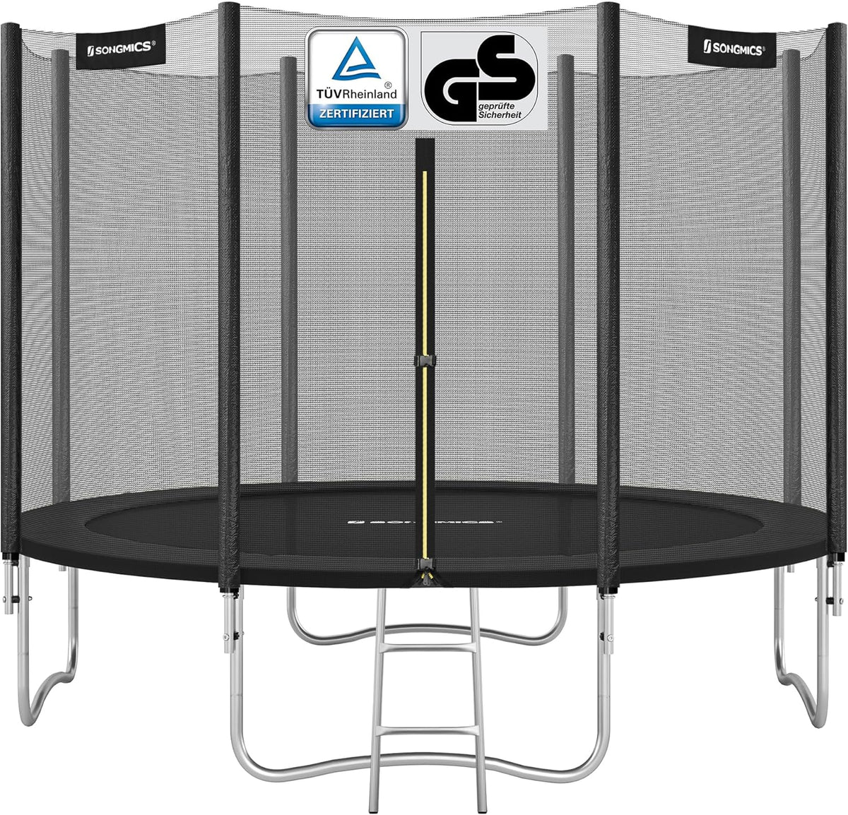 SONGMICS – Trampolina Ogrodowa dla Dzieci, Średnica 183/244/305/366/427 cm, Zewnętrzna Siatka Zabezpieczająca, Poduszki Ochronne, Drabinka, Prosty Słup o Wysokości 180 cm, Stalowa Rama