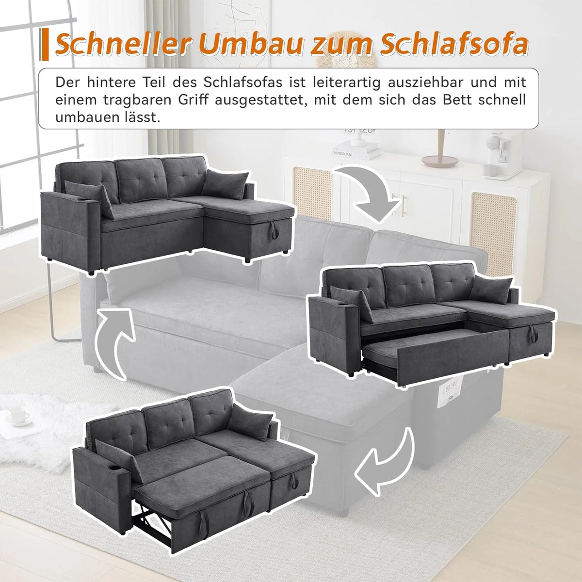 Trzyosobowa rozkładana sofa z uchwytami na kubki i boczną torbą na poręcz, sofa w kształcie litery L, z możliwością zmiany układu na prawą i lewą stronę, kolor szary