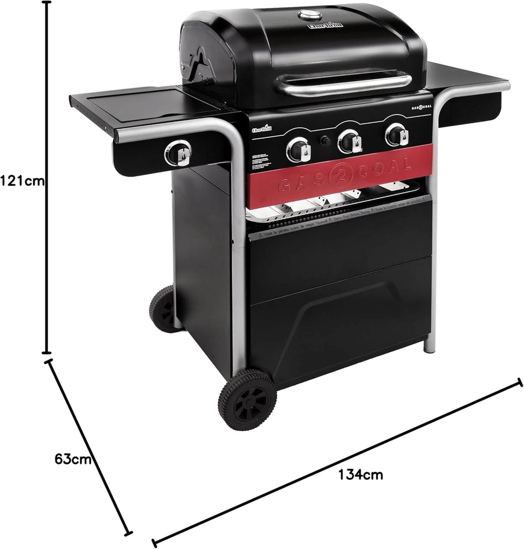 Gas2Coal® Grill hybrydowy: trzy palnikowy grill gazowy i węglowy, czarny.