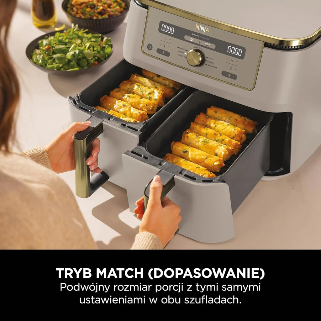 Ninja MAX Dwustrefowa frytownica, 2 szuflady, 9,5 l, zero oleju, Air Fry, Max Crisp, Roast, Bake, Reheat, Dehydrate, nieprzywierające kosze do mycia w zmywarce, Złoty odcień kamienia, DZ400EUSTGD