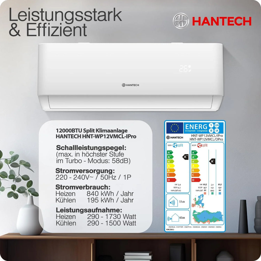 Klimatyzator ścienny HANTECH 12000 BTU H-PRO z funkcją grzania i chłodzenia, filtr powietrza, WIFI, materiały montażowe