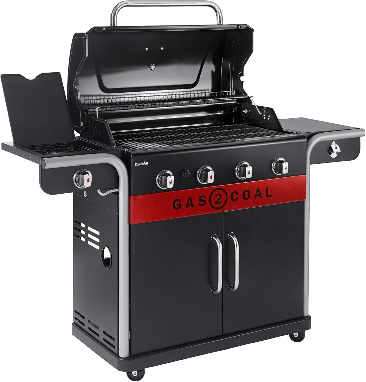 Char-Broil Grill Gazowy Gas2Coal 2.0 440 - 4-palnikowy grill hybrydowy z 2 opatentowanymi tackami na węgiel, 2 dużymi drzwiami - Idealny do gotowania na zewnątrz, do ogrodu i na patio