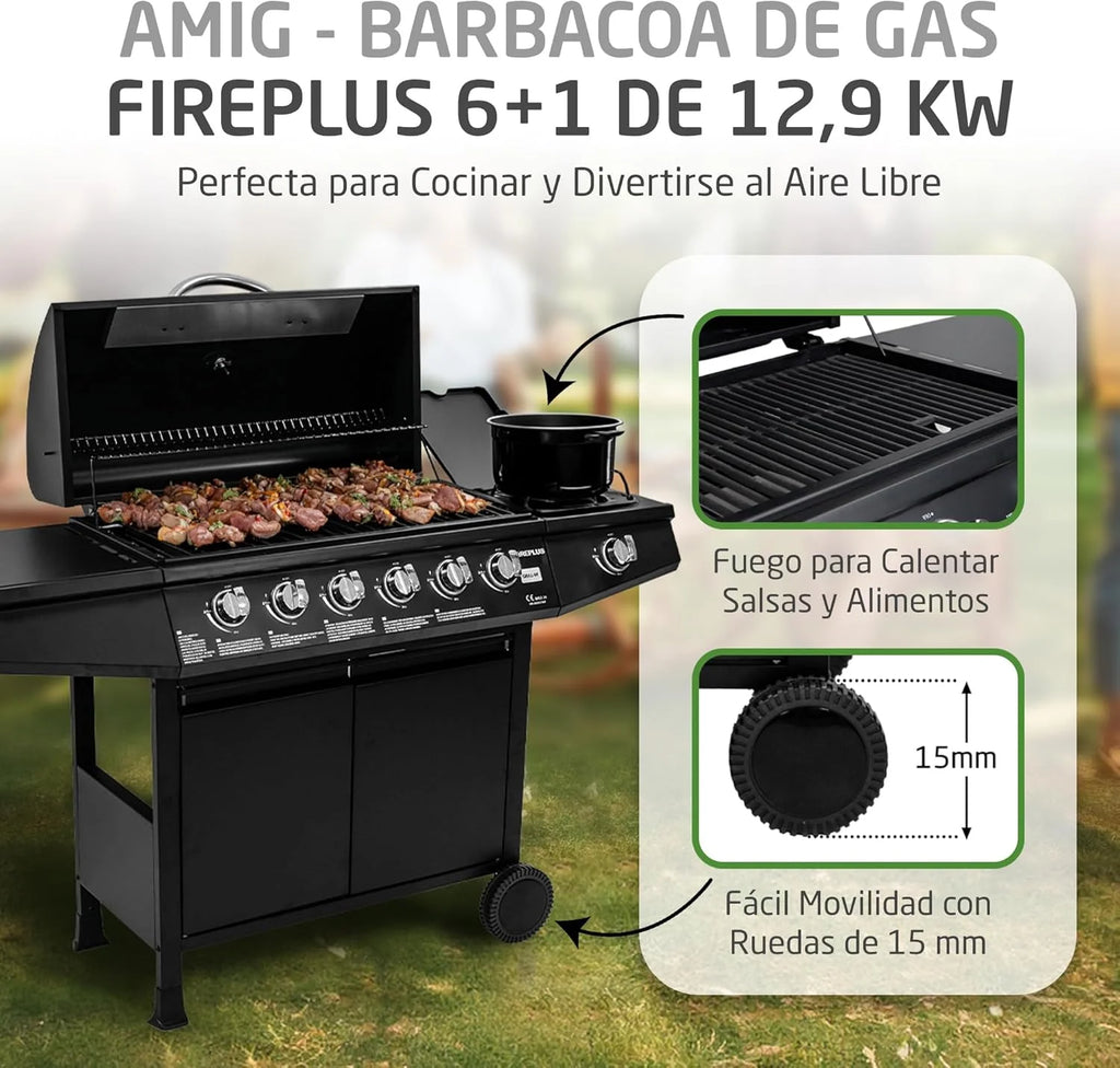 Amig - Grill gazowy Fireplus 6+1 o mocy 12,9 kW - Czarna stal nierdzewna - Ruszt na kółkach Model GRILL-6F - Grill XXL z wózkiem i termometrem - 138x52x103 cm - 7 palników i boczna półka