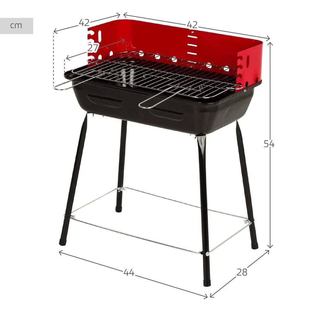 Przenośny Grill Węglowy Z Osłoną Przeciwwiatrową I Rusztem Z Regulacją Wysokości 42x42x54 Cm - Stal. Czarny I Czerwony