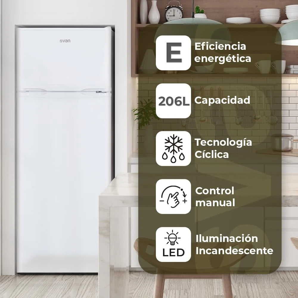 SVAN Lodówka 2-drzwiowa Biała SF145501E. Pojemność 206 litrów, drzwi odwracalne, niski poziom hałasu, klasa efektywności energetycznej E