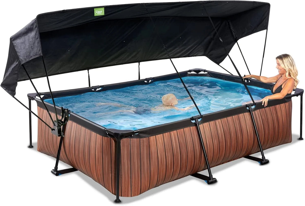 EXIT Toys Basen Drewniany z Daszkiem Słonecznym - 300x200x65cm - Kompaktowy Basen Prostokątny ze Stelażem z Pompą Filtracyjną Kartuszową - Optymalna Ochrona UV - Łatwy Dostęp - Unikalny Design - Brązowy