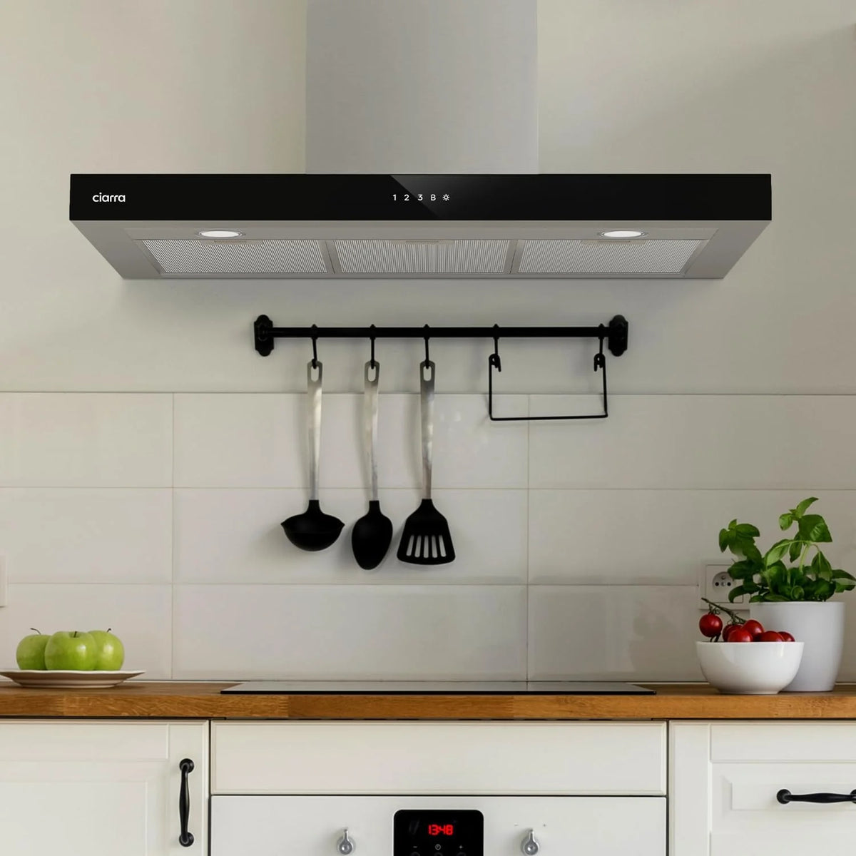 CIARRA CBCS9102 Okap Kuchenny 90 cm Klasa A+++ 650 m³/h Sterowanie WIFI Dotykowe 4 Prędkości Wyrzut Zewnętrzny i Recyrkulacja Wewnętrzna przez Filtr Węglowy CBCF003