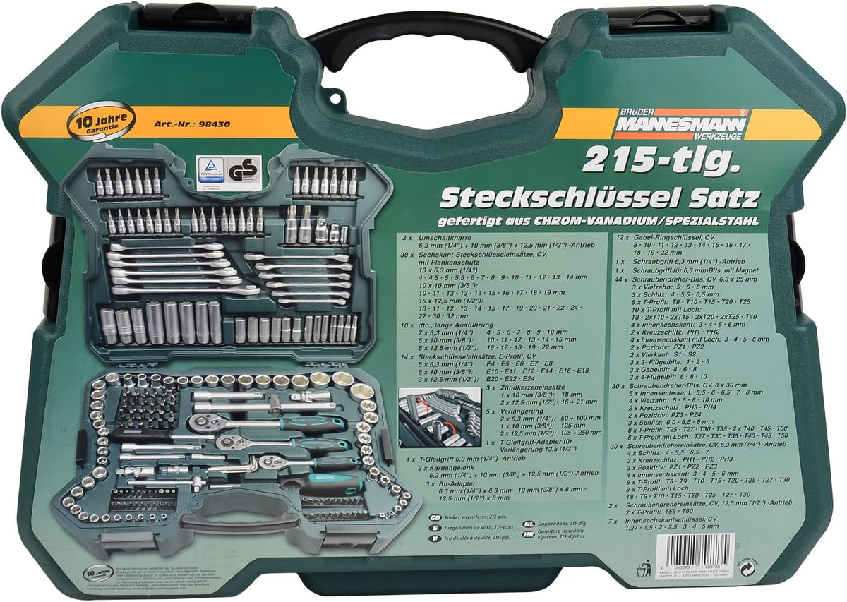 Mannesmann M98430 - Zestaw kluczy nasadowych i innych narzędzi (215 elementów, wymiary: 12x36x51 cm), Kolor zielony Mannesmann