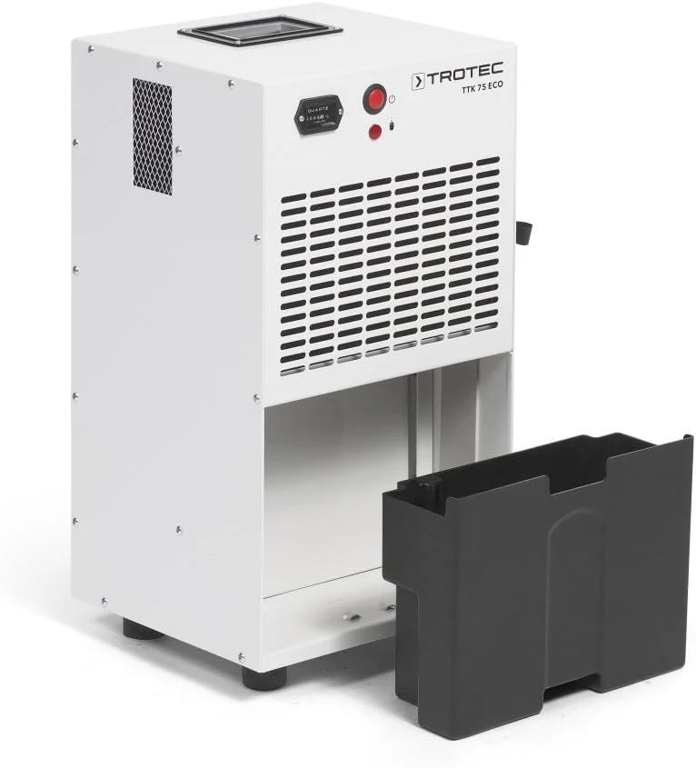 TROTEC Osuszacz powietrza przemysłowy TTK 75 ECO, osuszacz budowlany, osuszanie pomieszczeń o powierzchni do 90 m² i kubaturze 230 m³, wydajność osuszania 21 l/dobę, pojemność zbiornika 4 l, filtr powietrza