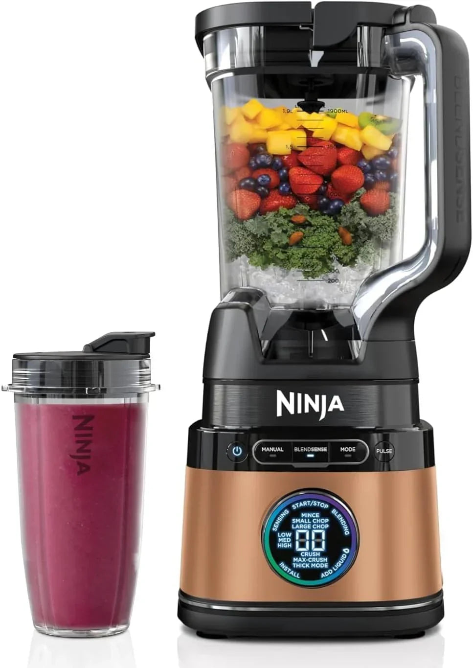 Blender kielichowy Ninja Detect Power Pro 3 w 1 (1200 W), 3 pojemniki 700 ml i ostrze do ciasta, idealny do miksowania, siekania i ubijania, kolor złoty, TB401EUSTGD