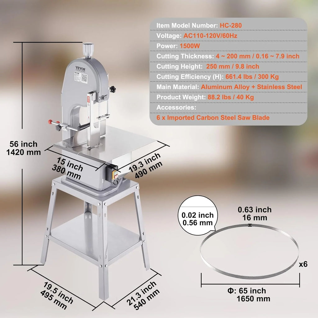 VEVOR Komercyjna Piła Elektryczna do Kości, Piła Taśmowa do Kości 1500 W, 300 kg/h, Elektryczna Piła do Mrożonego Mięsa i Kości, Grubość Cięcia 4-200 mm, do Restauracji, 54x49,5x142 cm