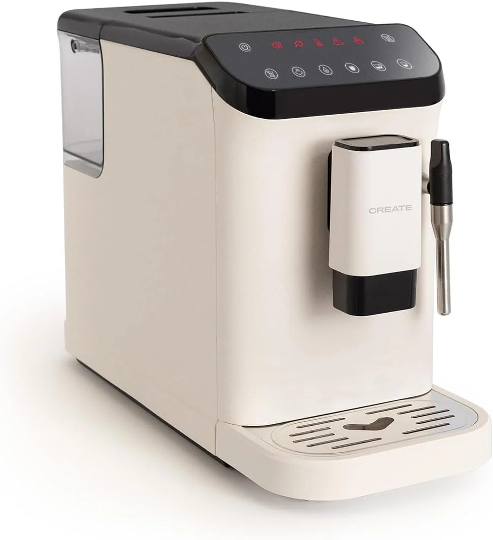 CREATE / THERA MATIC TOUCH / Ekspres automatyczny w kolorze złamanej bieli / 20 barów, zbiornik 1,5 l, pojemnik na ziarna kawy 180 g, dysza spieniająca, dotykowy panel sterowania, funkcja automatycznego czyszczenia, 1350 W