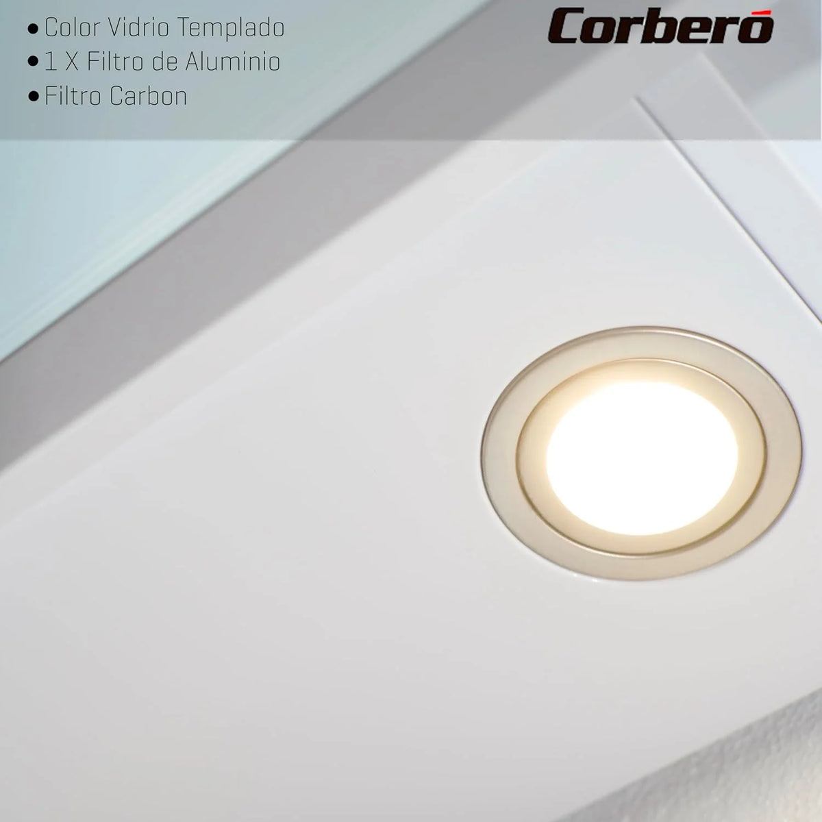 Corberó - Okap Kuchenny 90 cm | VICTORIA960W | 594,2 m3/h| 67db| 165W, |3 prędkości, | Sterowanie dotykowe |Szkło hartowane | Filtr aluminiowy + filtr węglowy | Białe szkło