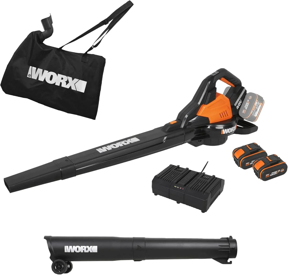 WORX Dmuchawa do Liści 40V Max 2x20V | WG583E | PowerShare |W Zestawie 2 Akumulatory i Podwójna Ładowarka |Funkcja 2w1 Dmuchawa i Odkurzacz – Worek 35L | Dysze w Zestawie | Lekka