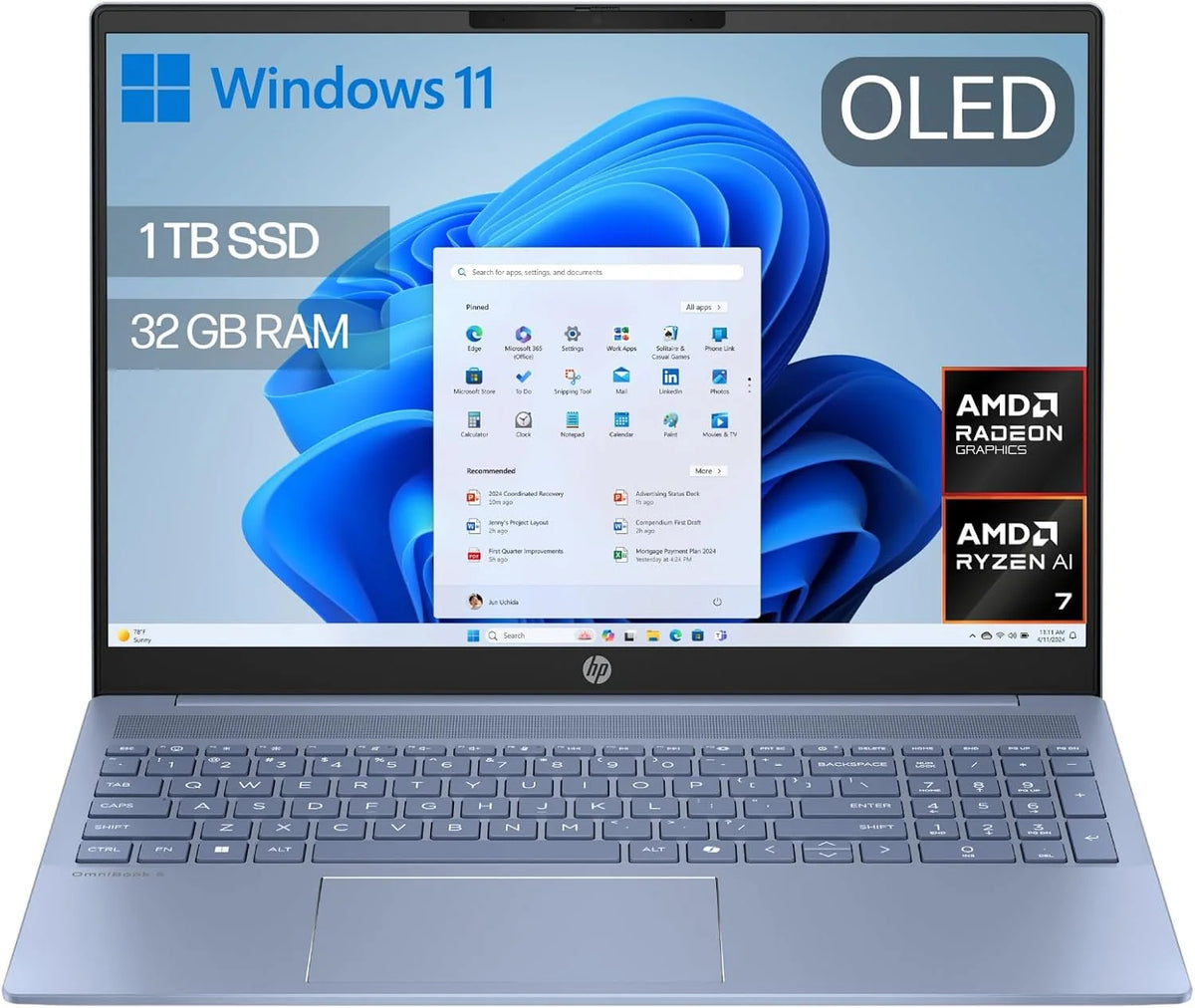 HP OmniBook 5 16″ OLED, Laptop (procesor AMD Ryzen AI 7 350, 32 GB RAM, 1 TB SSD, grafika AMD Radeon 860M, Windows 11 Home) Niebieski - Klawiatura QWERTY hiszpańska