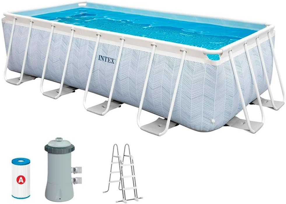 Intex Basen Rozporowy Prostokątny Chevron Prism Frame Premium, Wymiary 400x200x100cm, Pojemność 6.836 litrów, Odporny Materiał Trójwarstwowy, W Zestawie: Pompa Filtracyjna i Drabinka (55259)