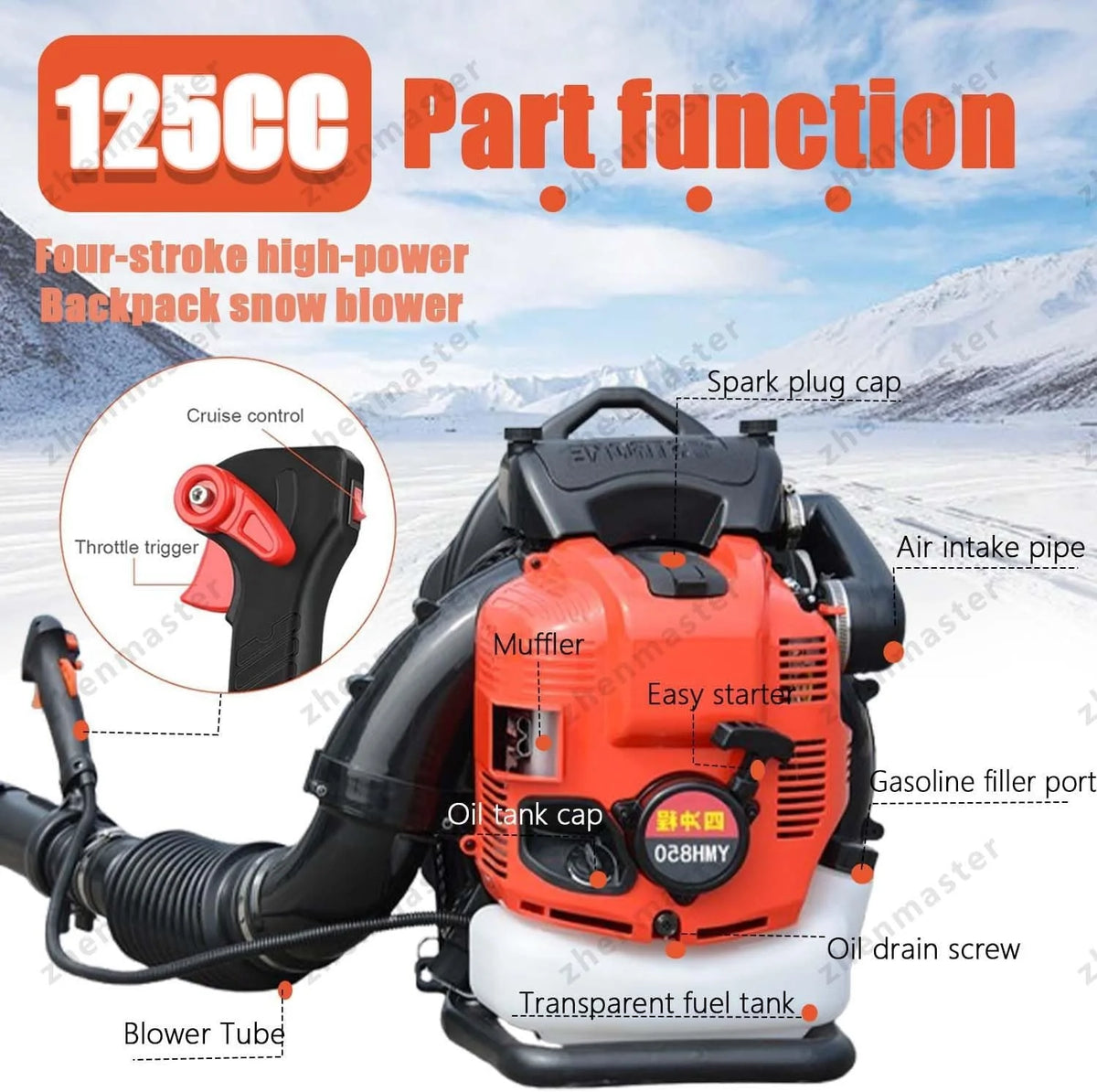 Dmuchawa Spalinowa 4-Suwowa Plecakowa 1000 cm³, Silnik 12 KM, Zbiornik 2.0L, 10000 RPM, Mocna i Cicha do Liści, Śniegu, Ogrodu, Podwórka oraz Profesjonalnego Użytku Domowego (Czerwona)