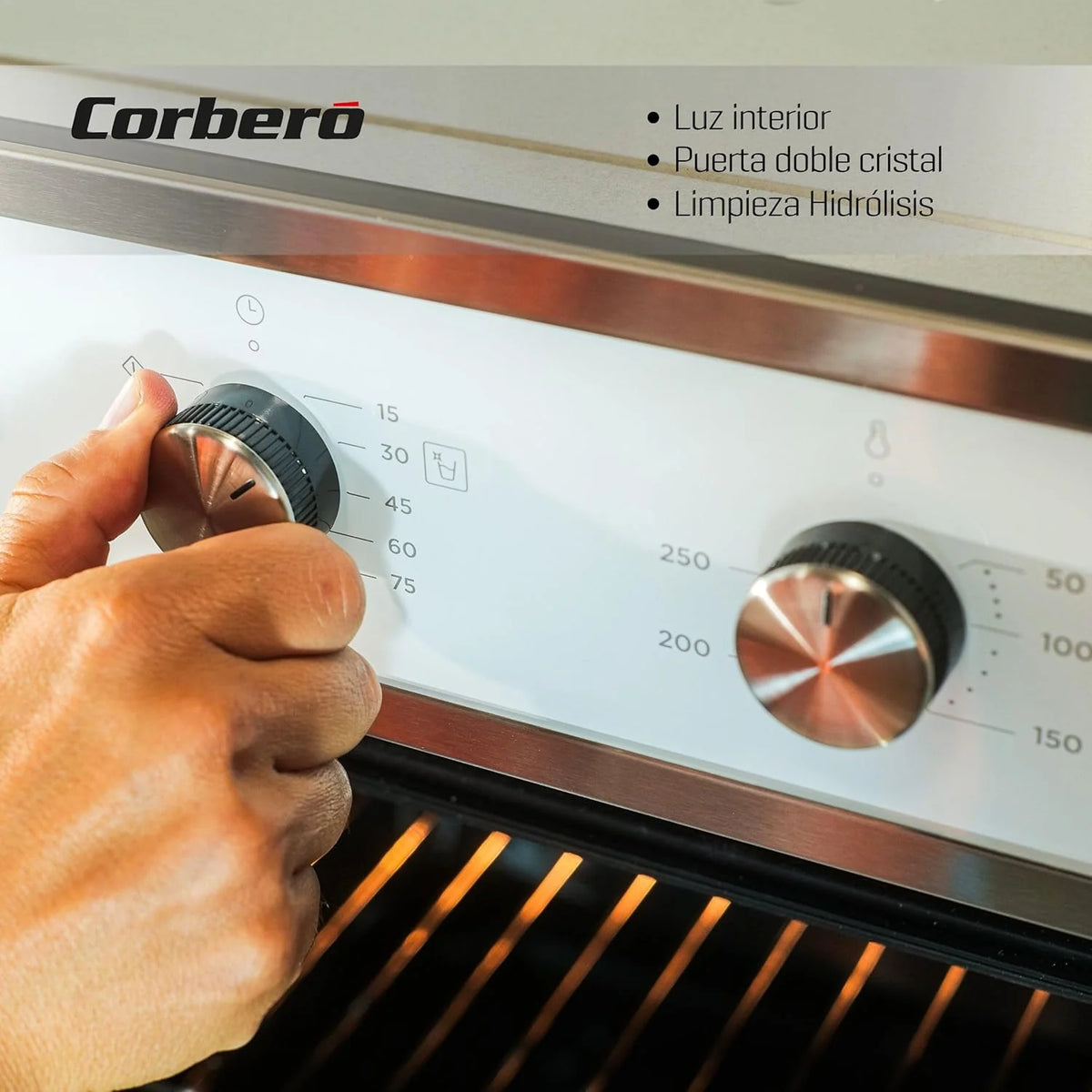 Corbero - Piekarnik wielofunkcyjny hydrolityczny 65 l | CCHM703W | Czyszczenie hydrolityczne | 8 programów | (dł.)59,5 x (szer.)59,5 x (wys.)57,5 cm | Oświetlenie wnętrza | Podwójne szklane drzwi | Moc 3000 W | Kolor biały z profilem inox