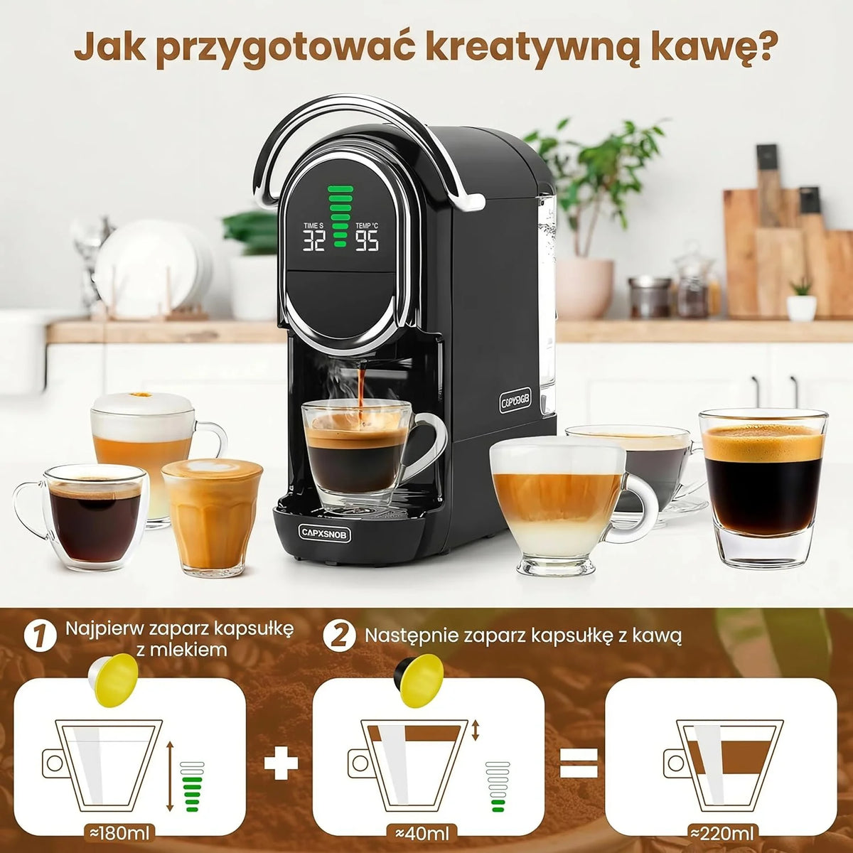 Magician1 Mini ekspres do kawy na wiele kapsułek 5 w 1, do Nespresso, Dolce Gusto, Lavazza A Modo Mio, saszetek ESE 44 mm i kawy mielonej, włoska pompa 20 barów, 1450W, wyświetlacz LED, do domu i biura