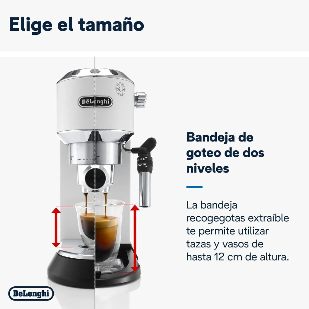 De'Longhi Dedica – Ekspres Kolbowy do Kawy Mielonej lub w Saszetkach, Espresso i Cappuccino, Zbiornik 1.3 Litra, System Anti-Drip, Model EC685.M, Kolor Metaliczny