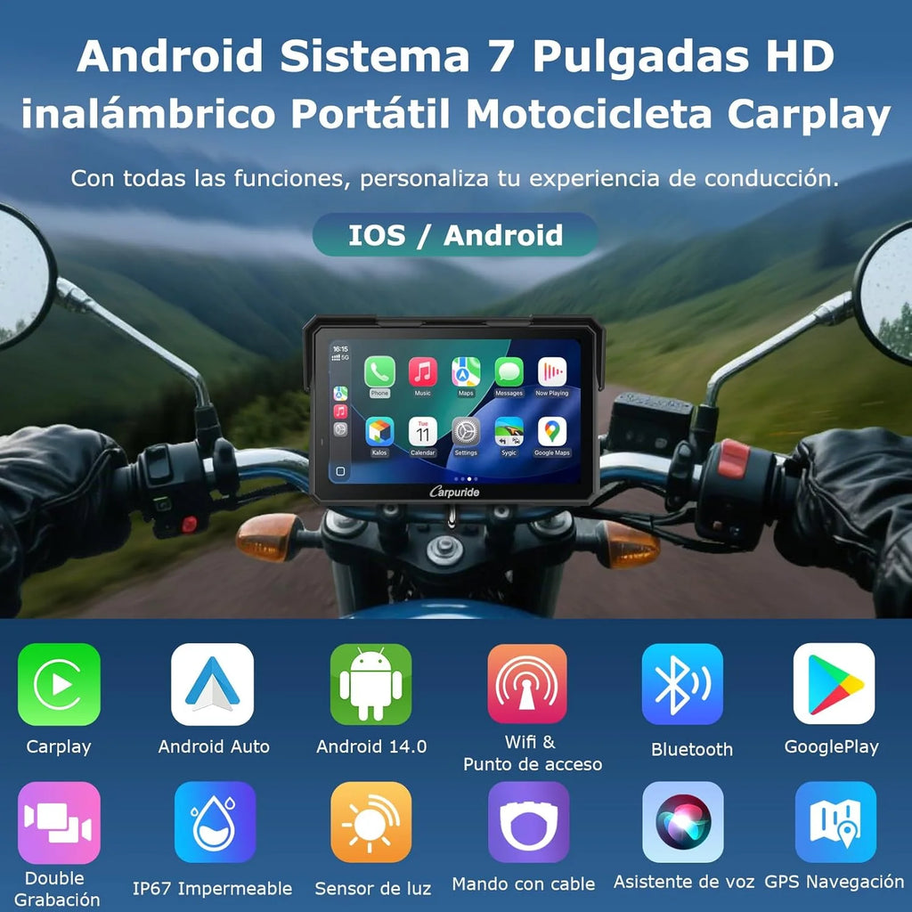 Caruride W702 Plus Android 14 Motocyklowy Wyświetlacz Carplay z Podwójną Kamerą, Bezprzewodowy CarPlay i Android Auto, 7-calowy Wodoodporny Ekran Dotykowy, Dźwięk BT, Nagrywanie w Pętli, Nawigacja Online i Offline.