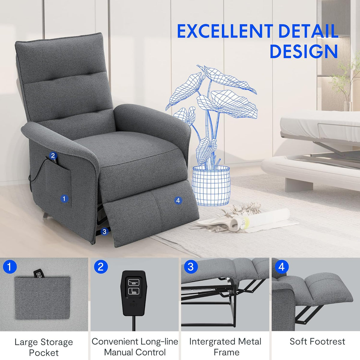 FLEXISPOT Elektryczny Fotel Relaksacyjny z Regulowanym Oparciem, Odchylany od 105° do 155°, Fotel Rozkładany, Ergonomiczna Sofa Relaksacyjna do Sypialni, Salonu i Kina Domowego (Ciemnoszary)