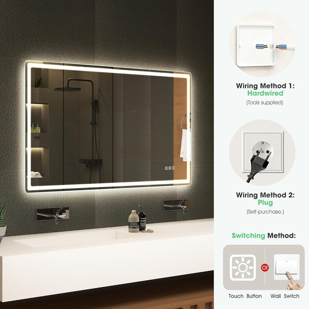 S'bagno Lustro Łazienkowe z Oświetleniem 120x70cm, Lustro LED Bluetooth z Funkcją Odmgławiania, 3000K/4000K/6500K, Ściemnialne, Pamięć, Szkło Hartowane HD, IP44-Lustra Łazienkowe LED, Poziomo/Pionowo