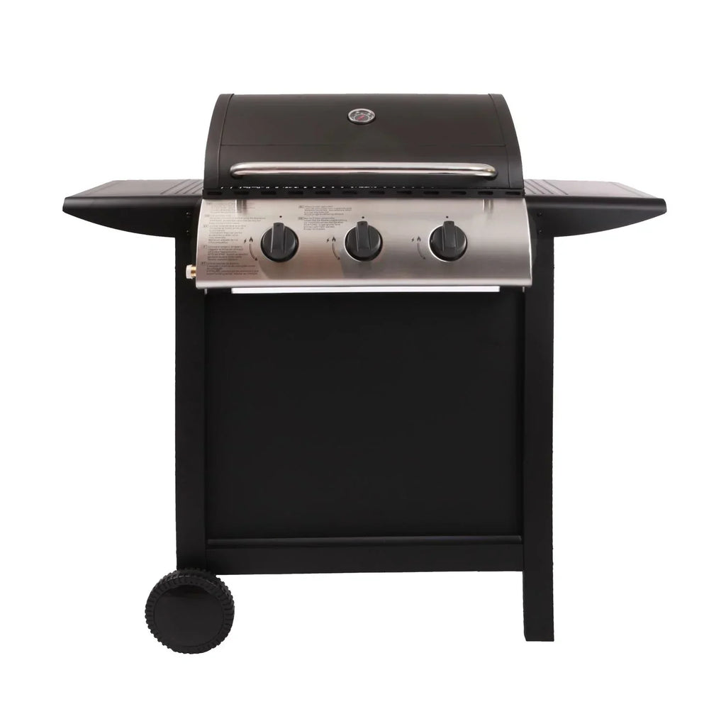 Lofoten - Grill gazowy ogrodowy 3 palniki 8,4 kW na kółkach z pokrywą, 2 ruszty ze stali chromowanej, 2 półki boczne, 1 dolna taca i termometr - czarny