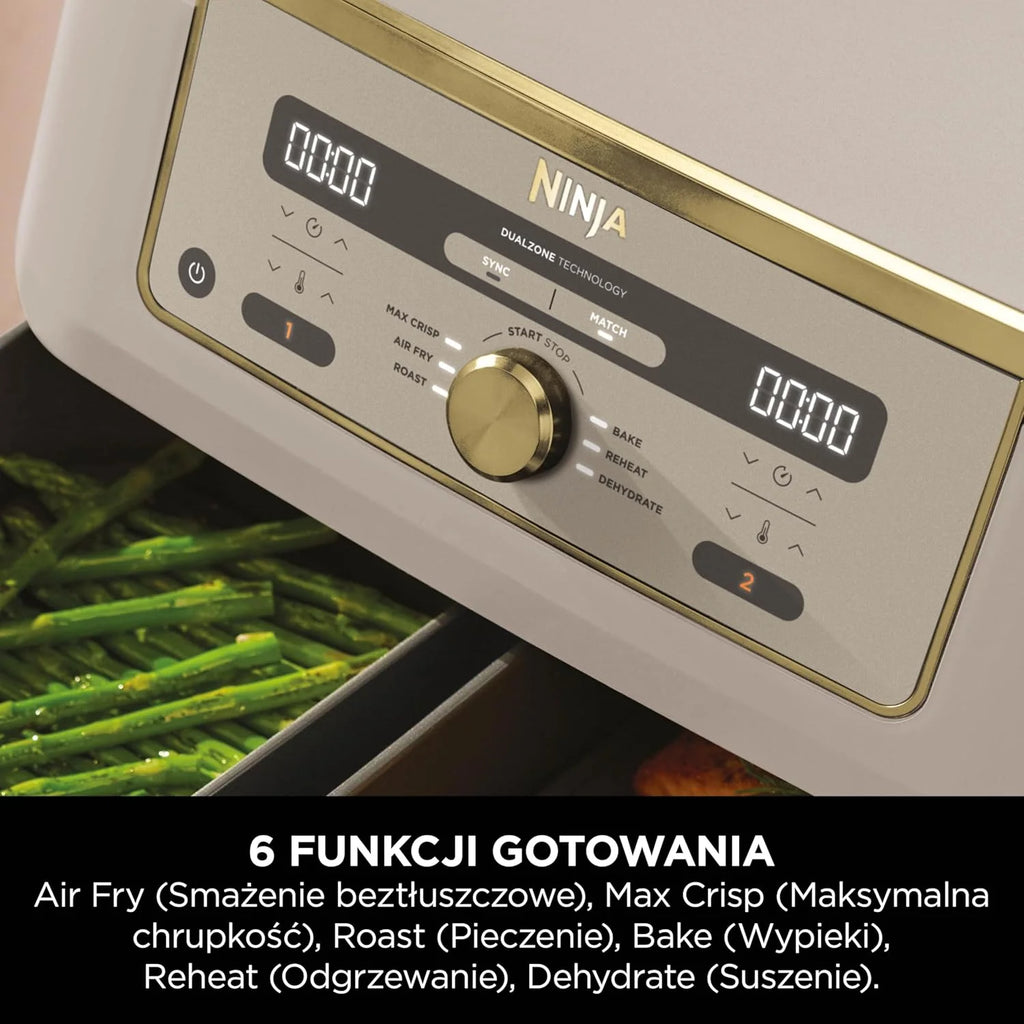 Ninja MAX Dwustrefowa frytownica, 2 szuflady, 9,5 l, zero oleju, Air Fry, Max Crisp, Roast, Bake, Reheat, Dehydrate, nieprzywierające kosze do mycia w zmywarce, Złoty odcień kamienia, DZ400EUSTGD