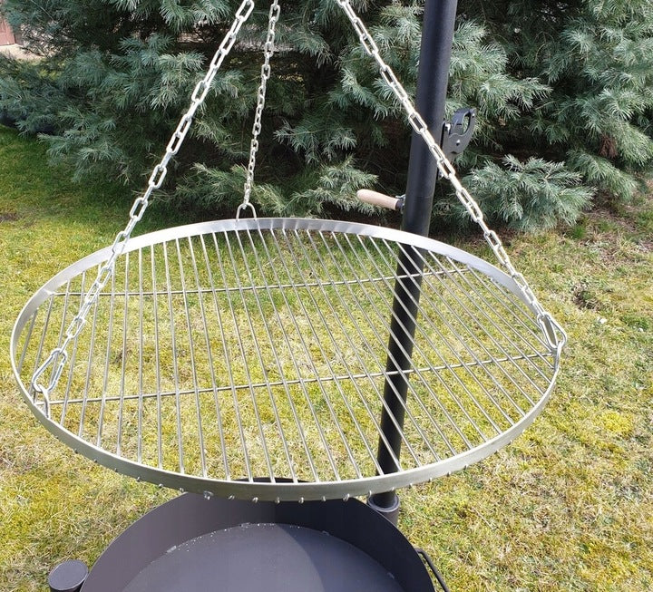 Grill ogrodowy, żuraw na wysięgniku, ruszt nierdzewny, palenisko, trójnóg