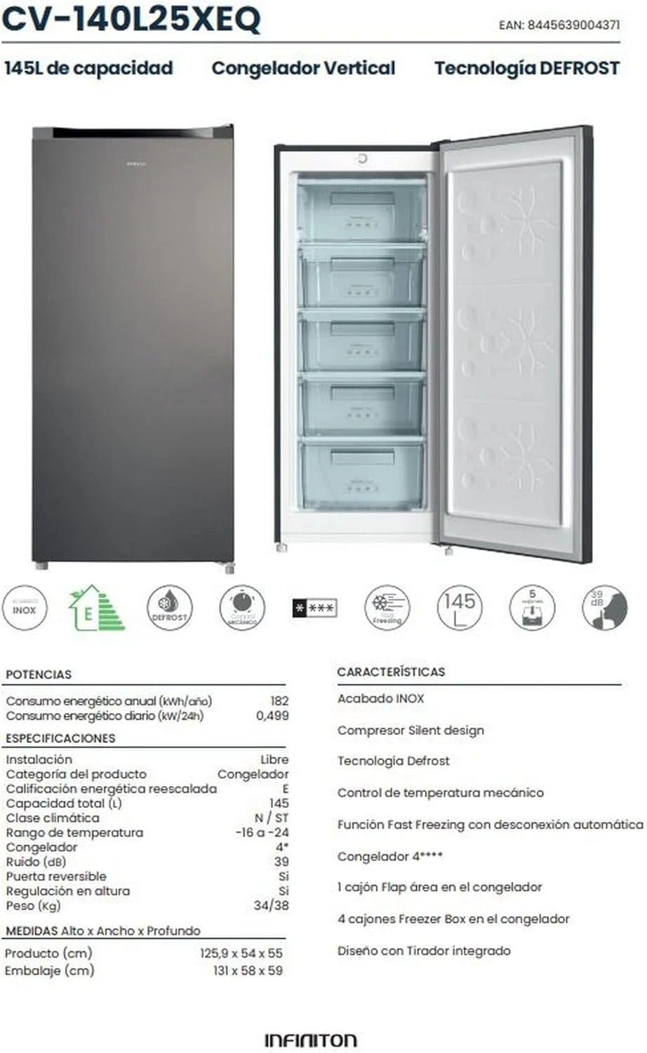 INFINITON Zamrażarka pionowa CV-140L25XEQ, 145 litrów, klasa E, funkcja szybkiego zamrażania, zamrażarka 4****, szuflada z klapką, zintegrowany uchwyt, drzwi odwracalne, Inox