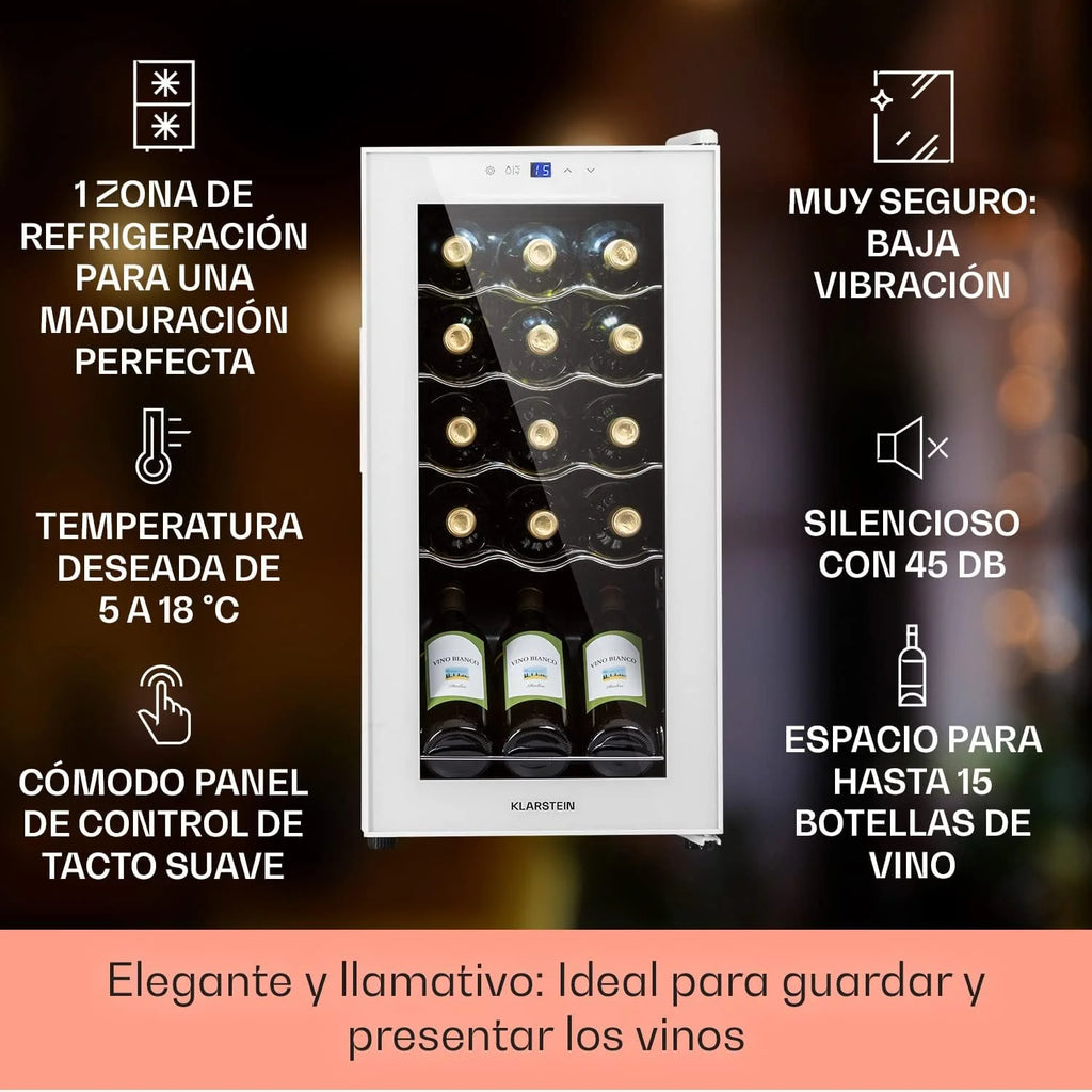 KLARSTEIN Vinoteca Chłodziarka na Wino 44L, Jedna Strefa Chłodzenia, na Butelki Wina, Prosecco i Piwa, Mała Chłodziarka na Wino z Drzwiami Szklanymi, do Użytku Wewnątrz i na Zewnątrz, Pojemność 15 Butelek