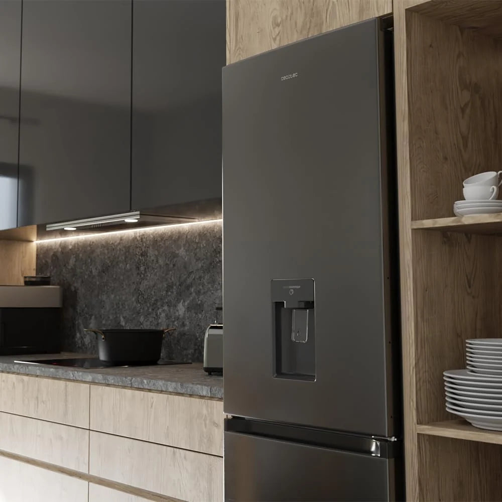 Lodówka Cecotec Combi 2 Drzwiowa z dystrybutorem wody Bolero CoolMarket Combi 296 DF WD Dark E. 296L, 60cm szerokości, funkcje FastCooling, FastFreezing i DeFrost, oświetlenie LED, Dark Inox