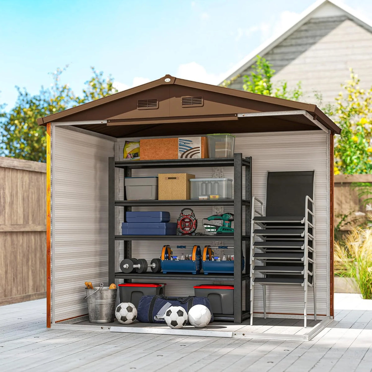 Outsunny Domek Ogrodowy Zewnętrzny 3 m² 235,7x152x208,7 cm Metalowa Szopa Ogrodowa Z 2 Drzwiami Przesuwnymi I 4 Oknami Do Przechowywania Narzędzi Efekt Naturalnego Drewna i Kawy