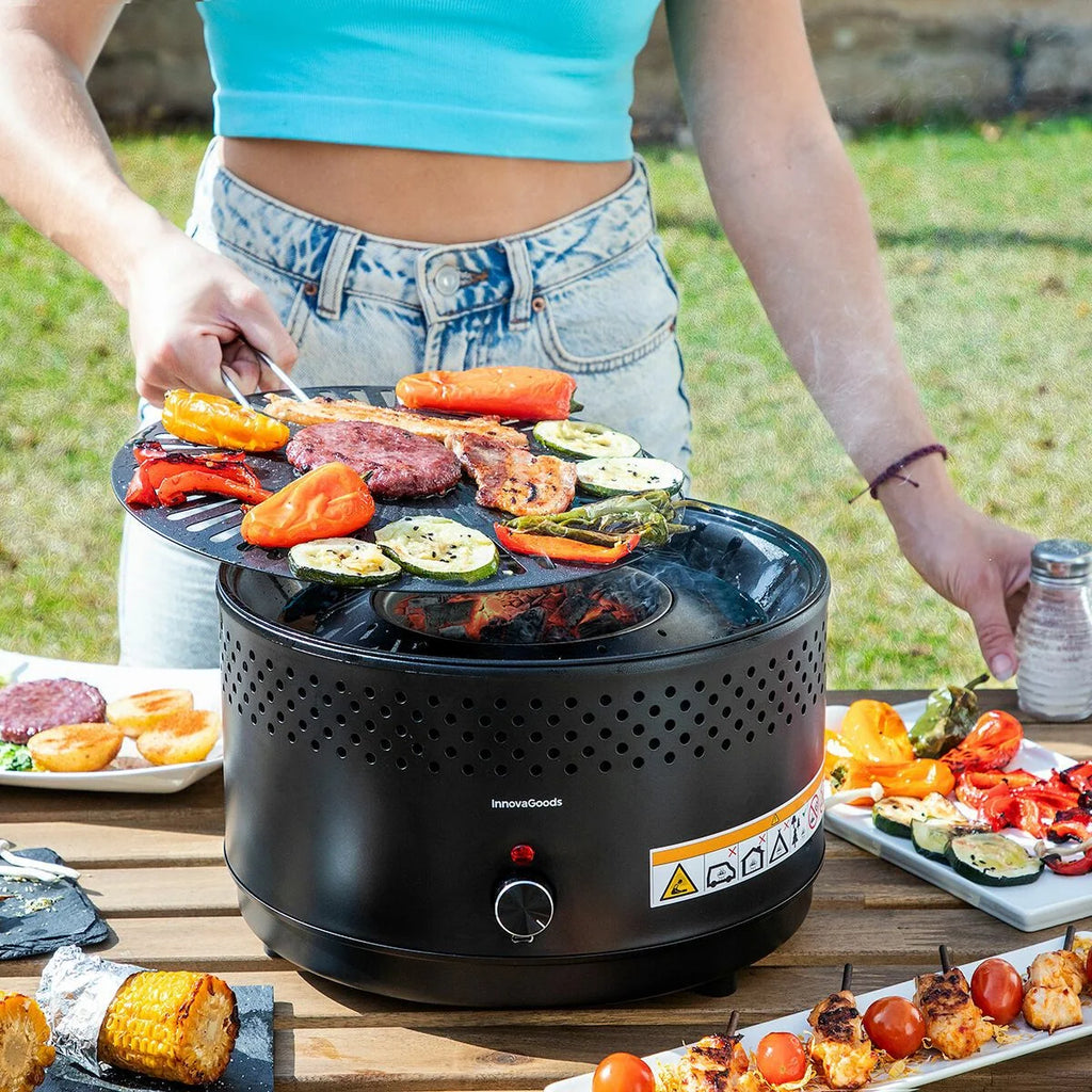 InnovaGoods Przenośny Grill Węglowy Bezdymny Żeliwny Ø28,5 x 18 cm, Ø28,5 x 18 cm Czarny