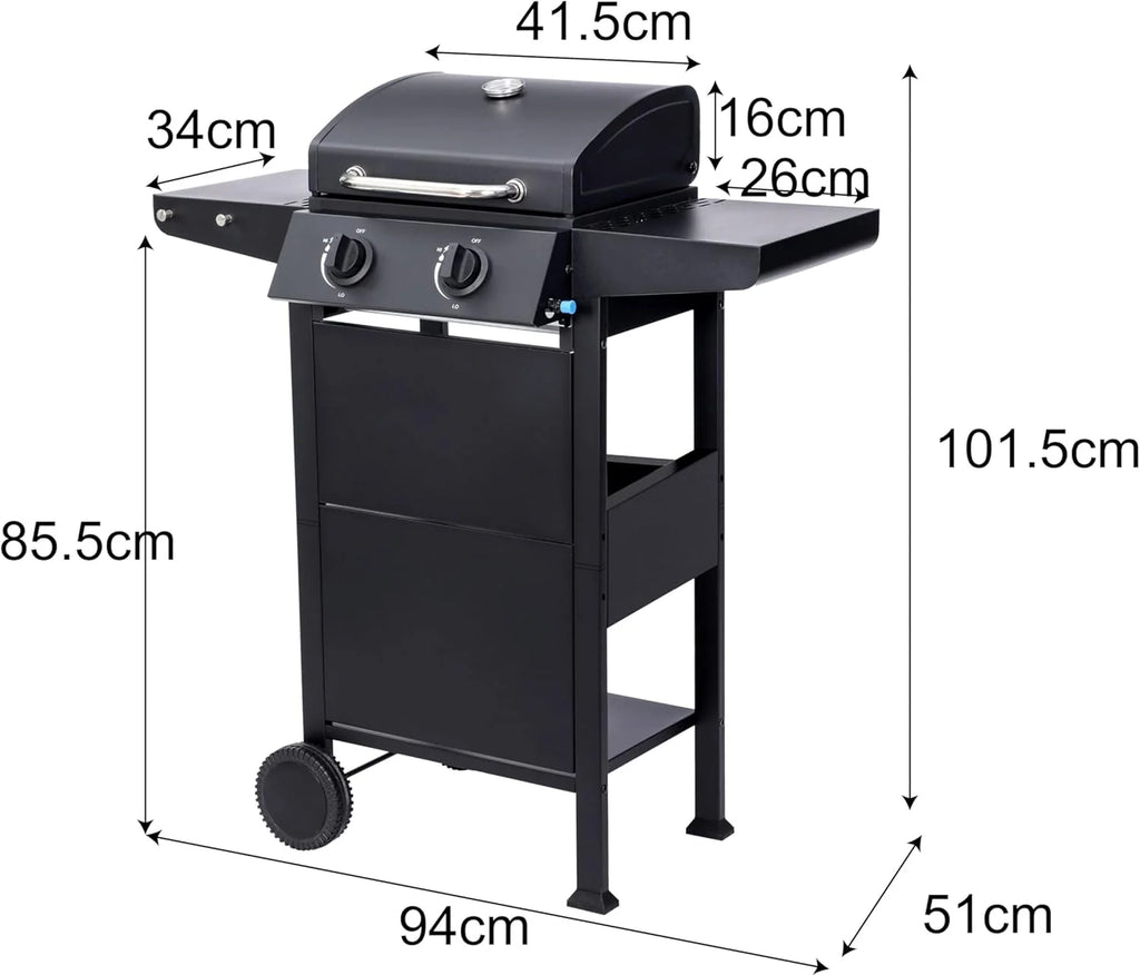 Grill gazowy El Fuego® „San Jose 2 palniki” z wężem gazowym i reduktorem ciśnienia, ruszt żeliwny, z termometrem i dużymi półkami bocznymi, grill BBQ | AY0204