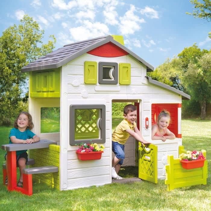 Smoby Life - Domek Ogrodowy Friends House EVO z 2 Drzwiami, 6 Oknami i Wyjmowanym Stołem Piknikowym – Wykonany z Materiałów Recyklingowych, Ochrona UV, dla Dzieci od 3 Lat (7600810208)