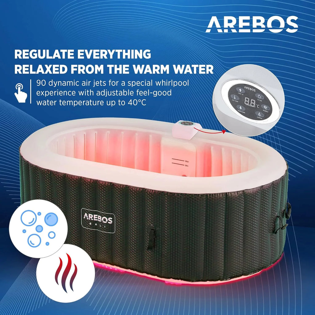 Arebos Wanna z hydromasażem z oświetleniem LED | Dmuchane SPA | Do użytku wewnętrznego i zewnętrznego | 190x120 cm owalna | 2 osoby | 90 dysz masujących | Z ogrzewaniem | 550 litrów | W zestawie pokrywa