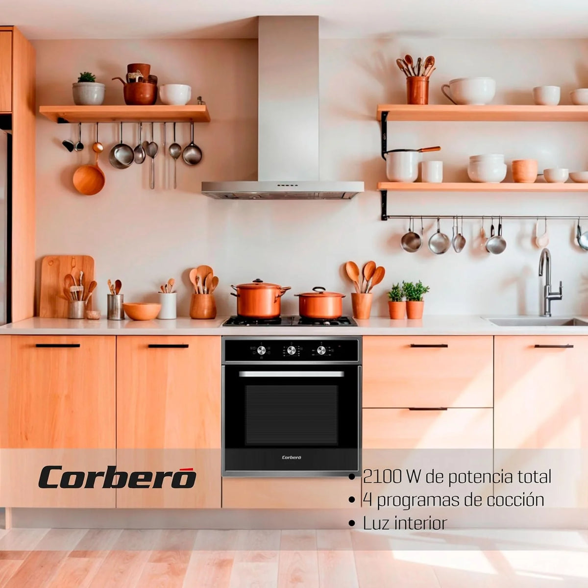 Corberó — Piekarnik konwekcyjny 70L | CCHM603X | 60x60x58 cm | Konwencjonalny z 4 Programami | Oświetlenie wewnętrzne | Czyszczenie hydrolityczne | Drzwi z podwójnego szkła | 2100W | Czarny profil ze stali nierdzewnej